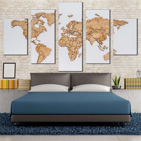 World Map Canvas Wall Art, Detailed World Map 5 Piece Canvas Set, Blue ...