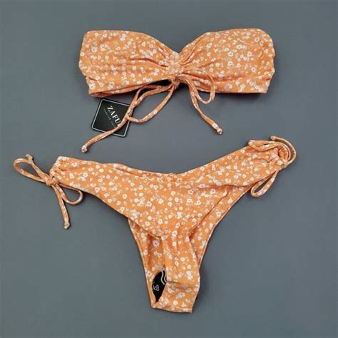 Zaful Bikini Womens Small S Piece Strapless Bandeau Padded Floral Orange EBay
