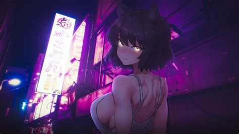 Papel De Parede Garota Do Gato Anime Furry Girls Néon Cyberpunk Peitos Grandes 1920x1080