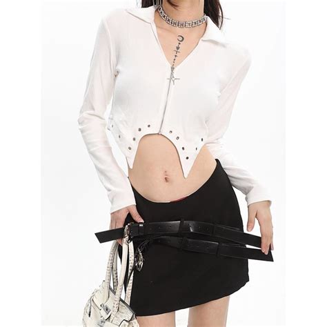 Mua Y k Áo Thun Dài Tay Ôm Dáng Vừa Vặn Cổ Bẻ Cài Nút Kim Loại Hình Ngôi Sao Mùa Thu Niche Hot