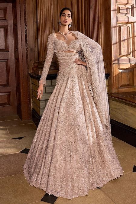 Buy Rose Gold Net Embroidery Thread Sweetheart Neck Bridal Lehenga Set