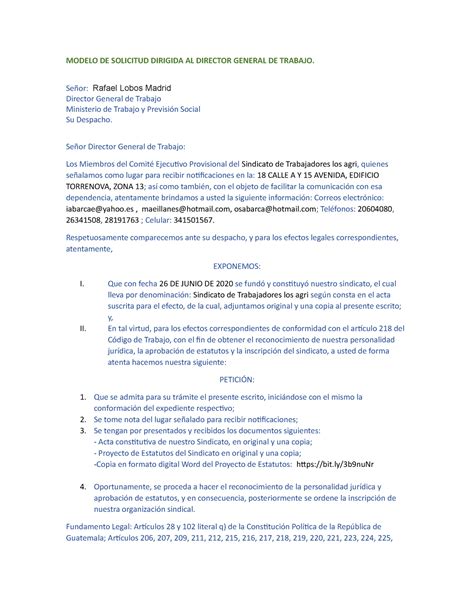 Modelo De Solicitud Dirigida Al Director General De Trabajo Modelo De