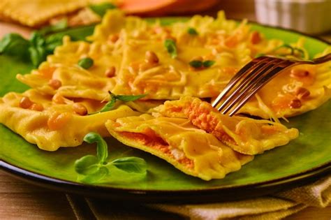 Premium Photo Homemade Pumpkin Ravioli With Ricotta Cheese Served Basil