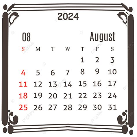 August 2024 Calendar With A Brown Frame Illustration Template Download