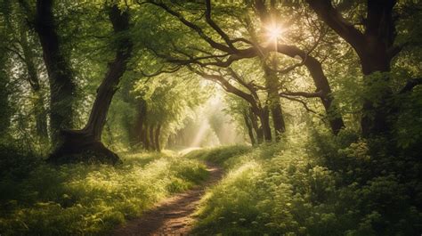 Sun Path The Shone Over A Forest Full Of Green Trees Backgrounds | JPG ...