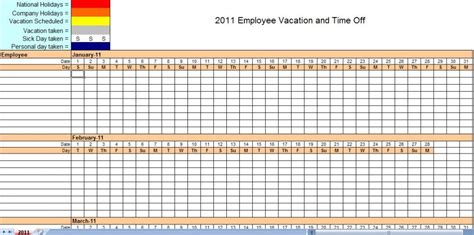 2011 Employee Vacation Calendar Template