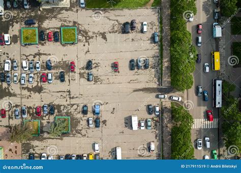 Top Down Aerial View Of Busy Street With Moving Cars Traffic And Big