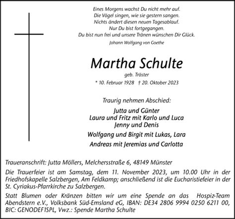 Traueranzeigen Von Martha Schulte Noz Trauerportal