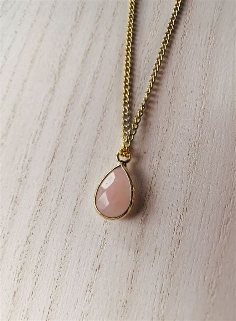 Dainty Raw Stone Rose Quartz Necklace Gold Minimalist Teardrop Layer