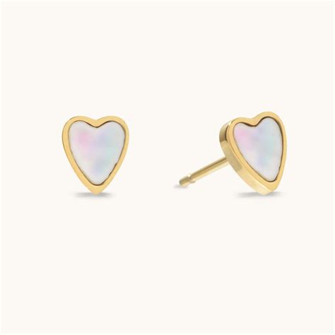 D Louise Mother Of Pearl Heart Studs Women Gold Crystal Flannels