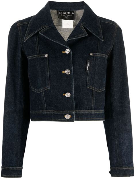 Chanel Pre Owned Mademoiselle Buttons Cropped Denim Jacket Blue