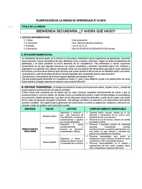 Planificación De La Unidad De Aprendizaje 1 Final 1 Pdf