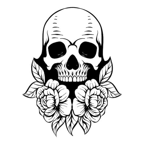 Diseño de tatuaje calavera con rosa en blanco y negro Vector Premium