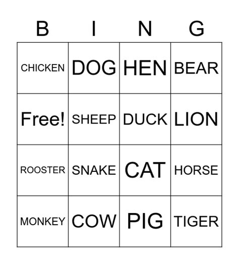 ANIMALS Bingo Card