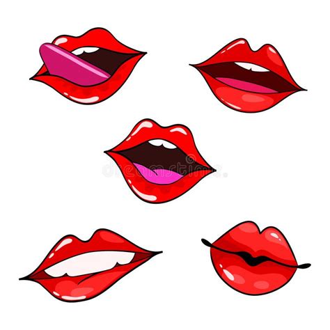 Female Lips Set Mouth With A Kiss Smile Tongue Teeth Stock Vector