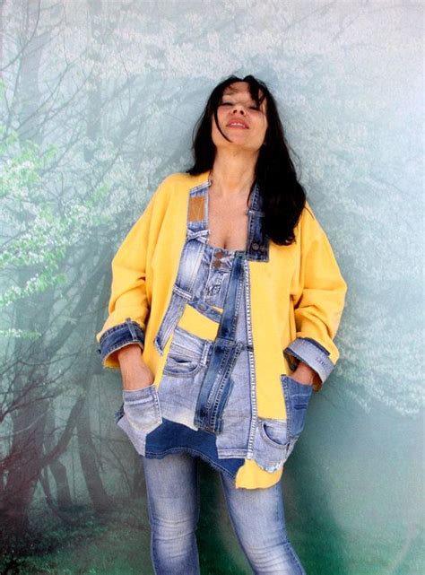 Xl Xxl Crazy Denim Jeans Recycled Appliqued Blouse Shirt Etsy Denim