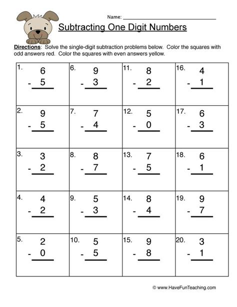 Single Digit Subtraction Worksheet • Have Fun Teaching 62d