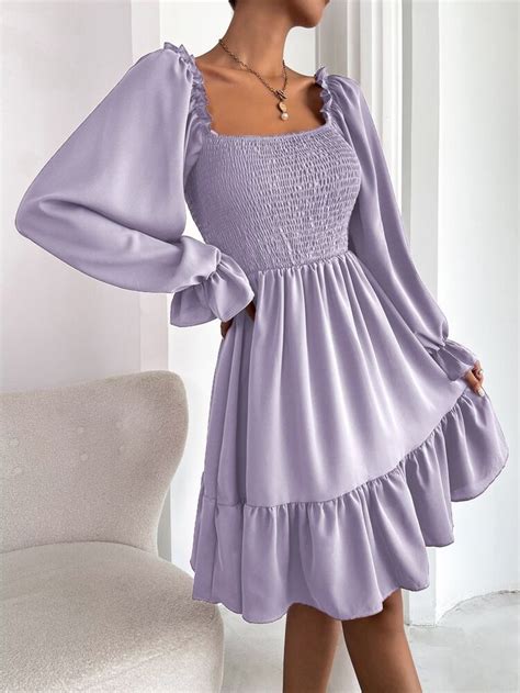 Square Neck Shirred Bodice Flounce Sleeve Ruffle Hem Dress In 2022 Ruffle Hem Dress Hem Dress