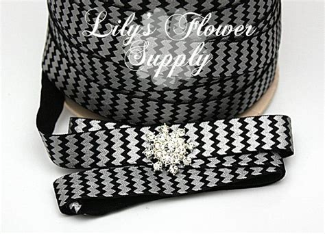 Foil Printed Elastic 5 Yards Black Silver Chevron Fold Over Elastic Foe Elastic By Yard Shiny