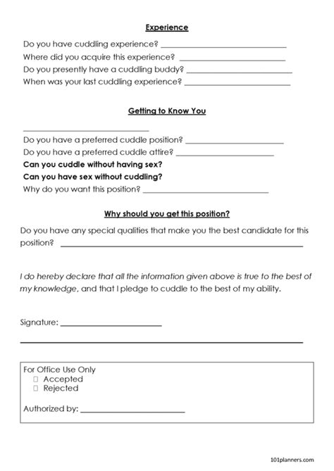 Funny Cuddle Buddy Application | Fillable and Editable