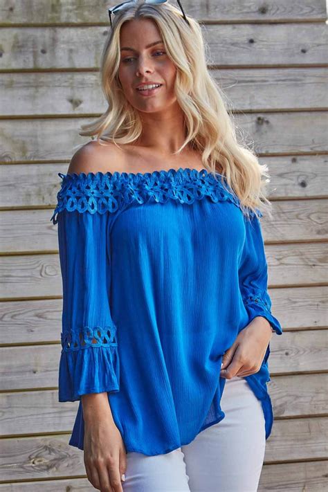 Lace Trim Bardot Top In Royal Blue Roman Originals Uk