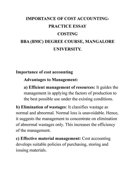 Importance Of Cost Accounting IMPORTANCE OF COST ACCOUNTING PRACTICE