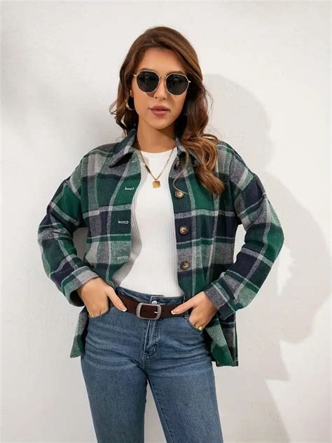 Plaid Print Shacket Jacket Casual Button Front Long Sleeve Temu