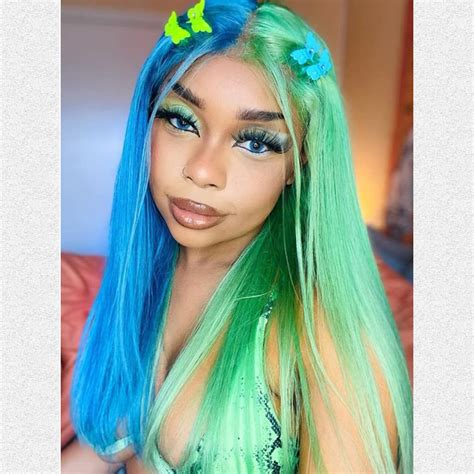 Hq Yeainmatee Silky Straight Blue Green Wig Half Colorful