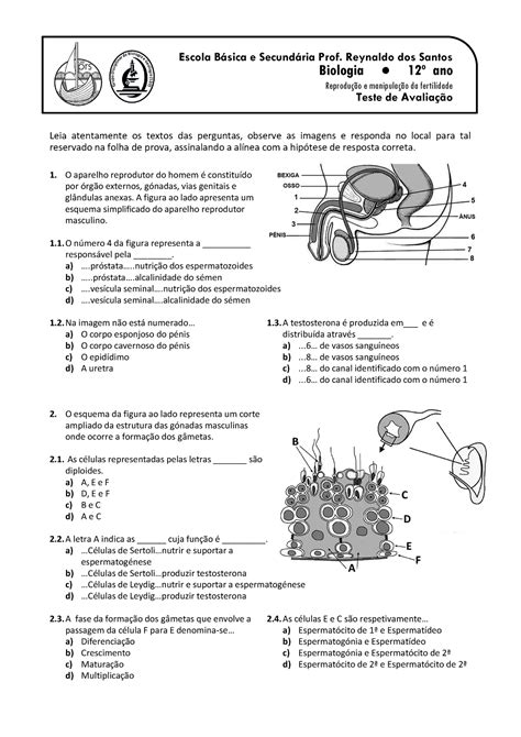 Bio12 Teste Reprodução 2014 Escola Básica e Secundária Prof Reynaldo