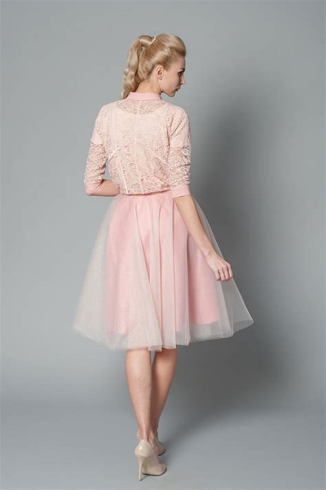 Blush Pink Shirt Midi Dress With Chiffon Collar Cuffs And Tulle Skirt