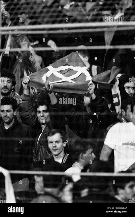 Far-right football supporters demonstrate at Geoffroy Guichard Stadium, Saint-Etienne, France ...