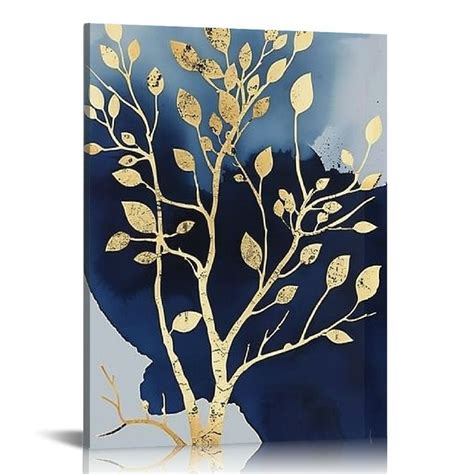 Nawypu Blue Gold Abstract Canvas Wall Art Golden Tree Picture Blue Watercolor Prints Poster Navy