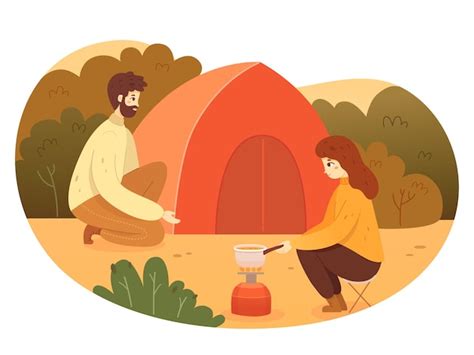 Couple Camping Cuisiner Des Aliments Dans La For T Homme Et Femme