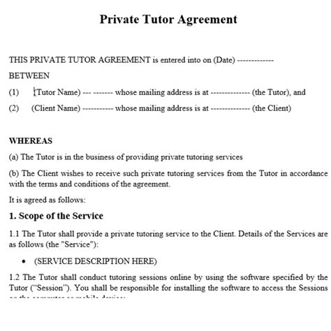 Private Tutor Agreement Independent Contractor Tutor Terms Tutoring Terms And Conditions