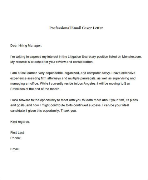 Sample Of Cover Letter In Email