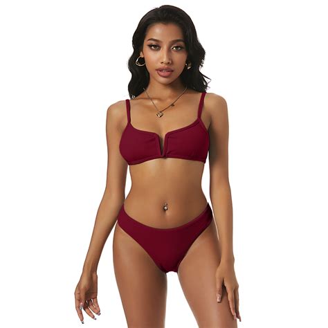 Zaful Women Swimsuit Ribbed V Cut Bikini Set Red Wine M Walmart