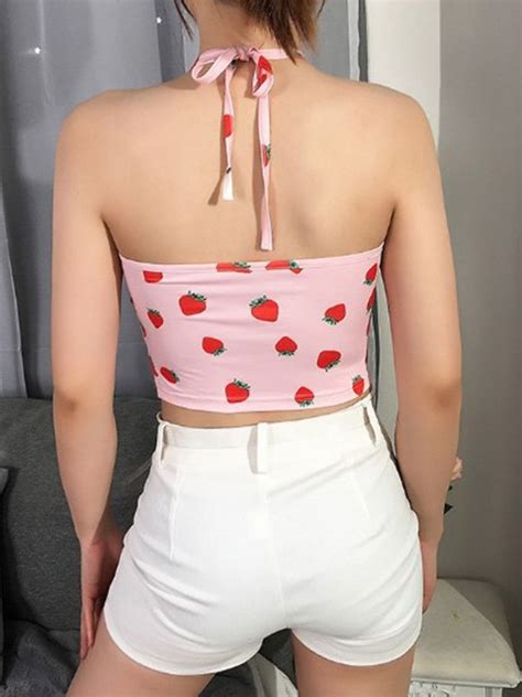 Emmiol Free Shipping Strawberry Print Crop Cami Top Pink L In Tank