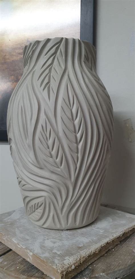 handmade stoneware vase  leaf engraving pot carving ceramic