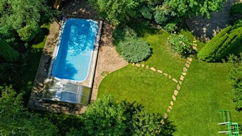 Swimming Pool in Beautiful Garden Aerial Top View Stock Photo - Image ...