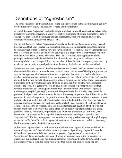 Definition of Atheism - Definitions of “Agnosticism” The terms “agnostic” and “agnosticism” were ...