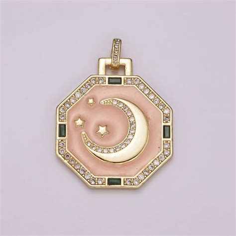 Pink Enamel Celestial Pendant Crescent Moon Star Dainty Charm For