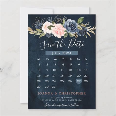 Navy Blue Blush Pink Rose Boho Calendar Save The Date Zazzle In 2024