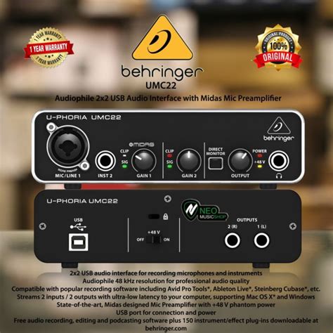 BEHRINGER UMC22 [ UMC 22 ] AUDIO INTERFACE SOUNDCARD W/ MIDAS PREAMP ...