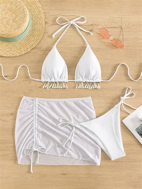 Bañador bikini triángulo halter unicolor con diseño de perla con falda