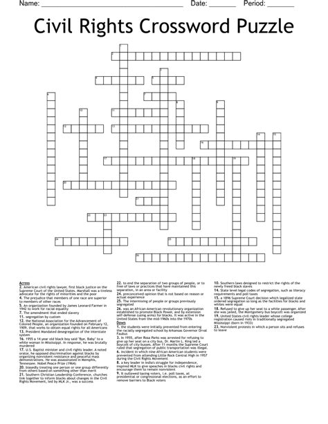 Crossword Puzzle American Civil Rights Movement