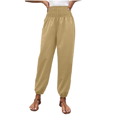 Vsssj Womens Solid Color Trousers Relaxed Fit Elastic Waist Straight