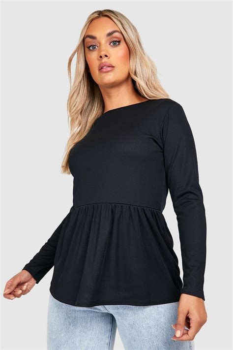 Womens Black Plus Rib Peplum Smock Top Boohoo Uk