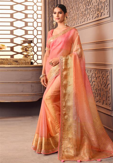 Organza Saree With Blouse In Peach Colour A