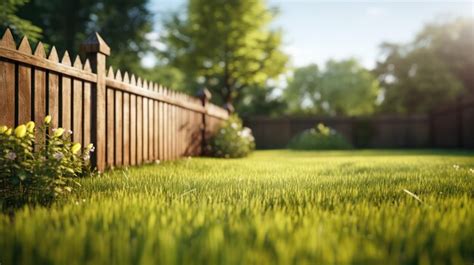 Premium Ai Image Empty Green Grass Lawn And Wooden Fence In Backyard