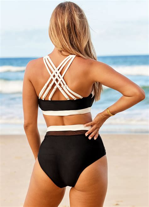 High Waisted Cross Strap Contrast Bikini Set Modlily USD 36 98
